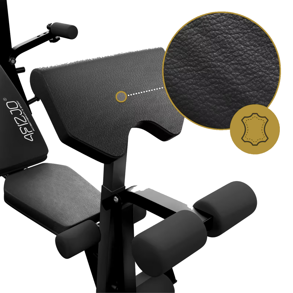 Adjustable, multi-functional exercise bench with barbell rack