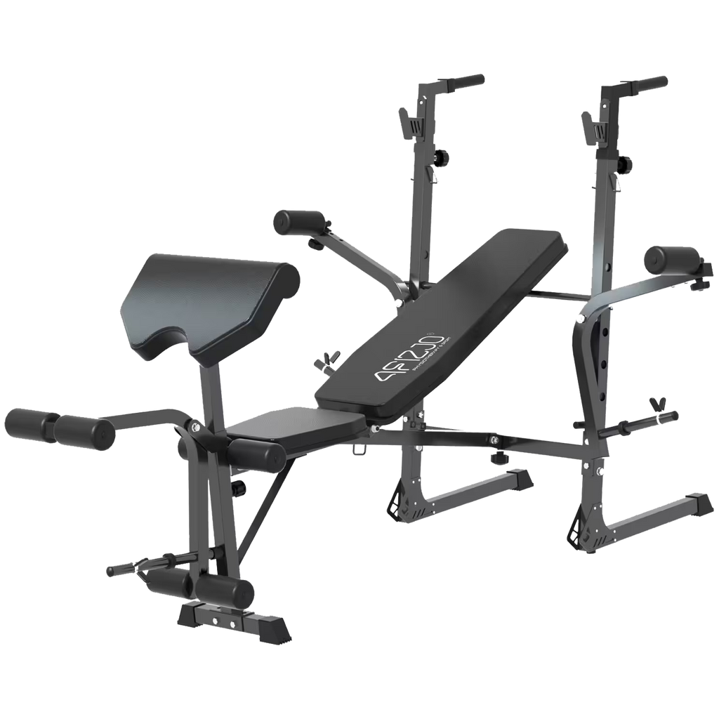 Adjustable, multi-functional exercise bench with barbell rack
