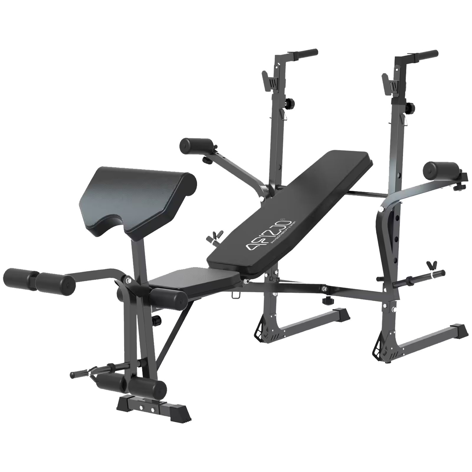 Adjustable, multi-functional exercise bench with barbell rack